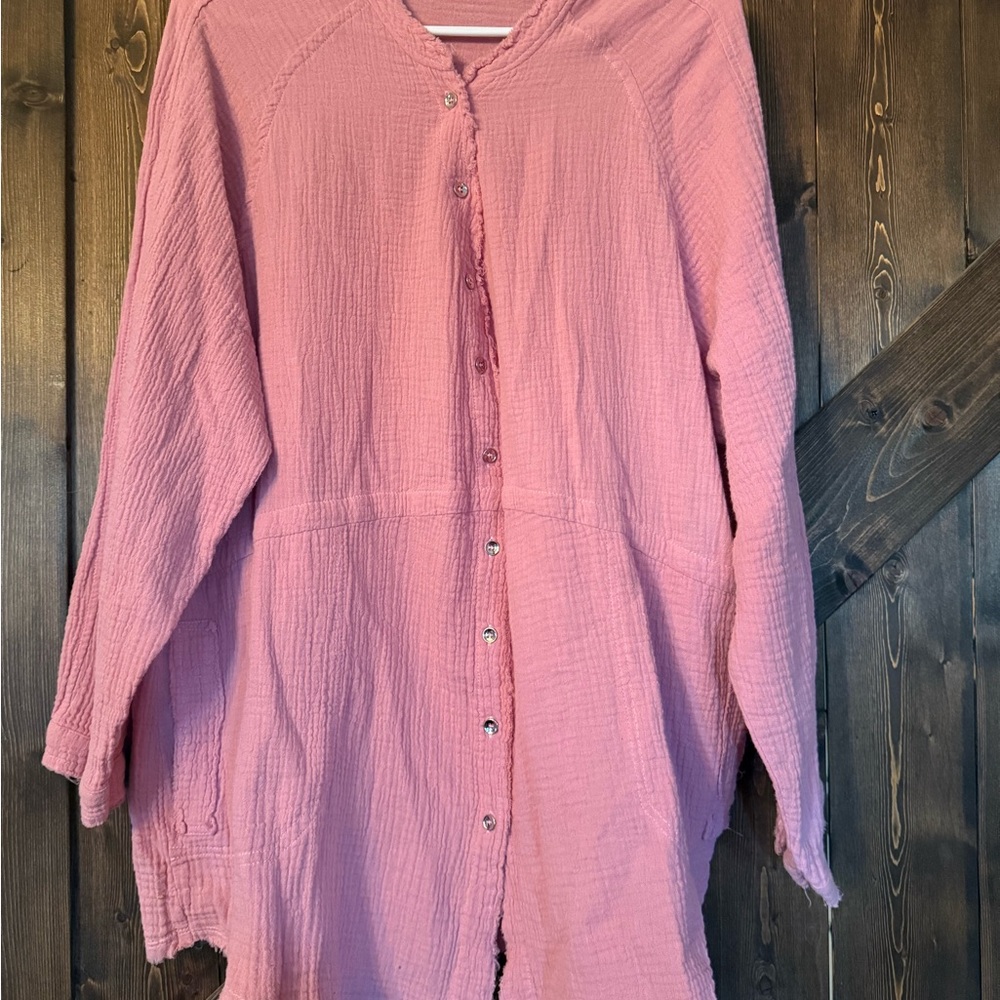P Cill Gauze Pink Button-Up Women's Tunic with Pcokets Size L
